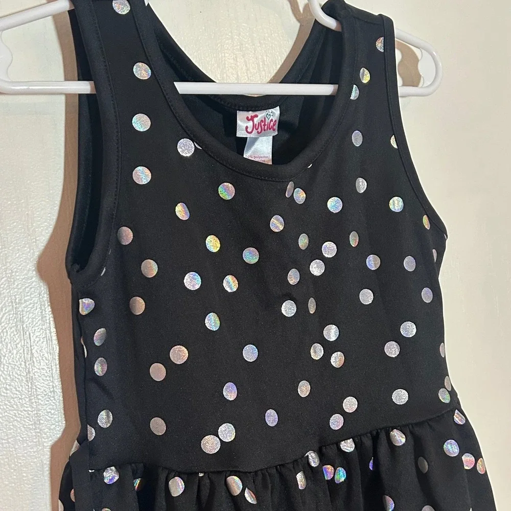Justice Girls Black Holographic Polka Dot Sleeveless Fit Flare Party Dress  6‎